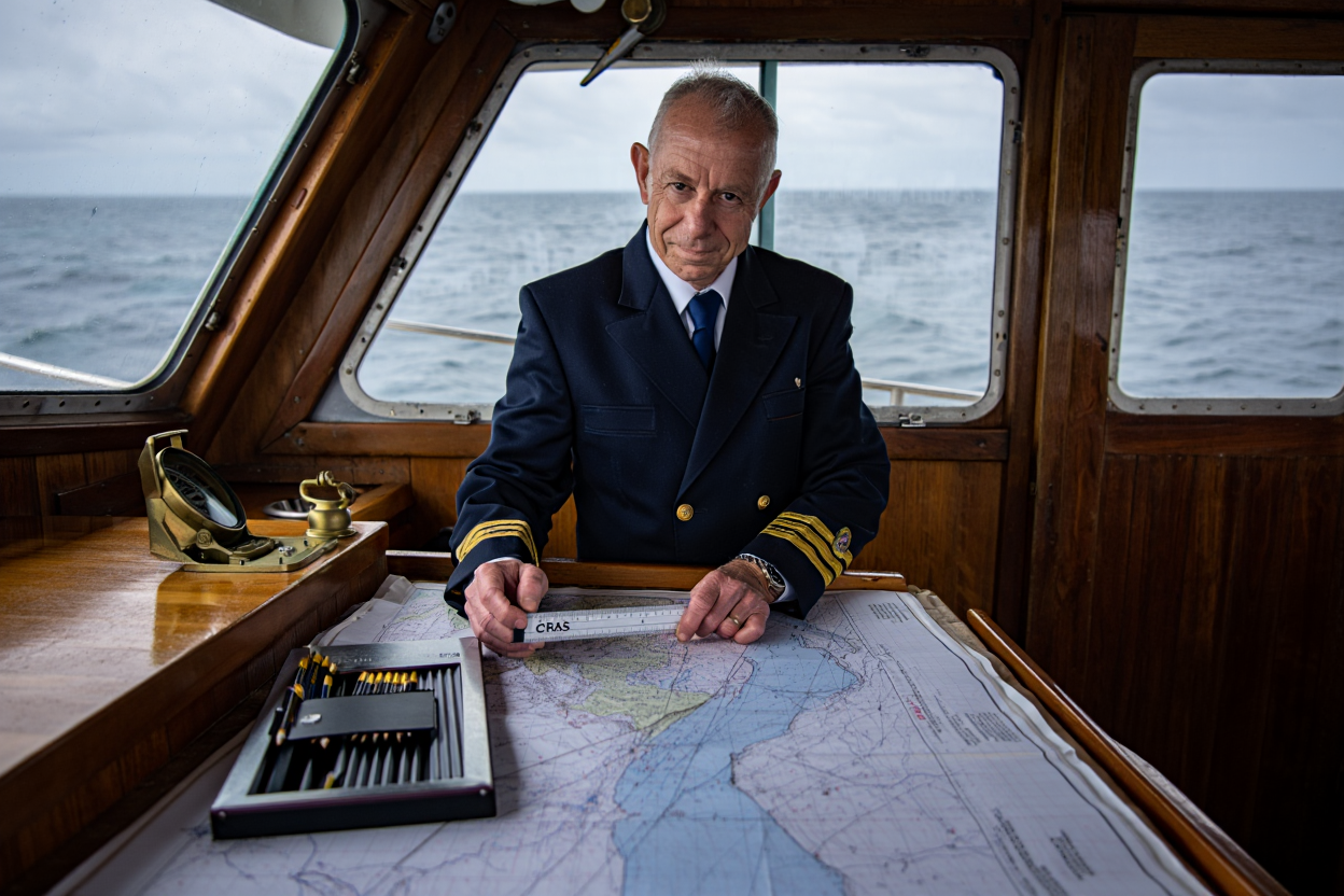 Formateur naviguant en haute mer avec instruments de navigation