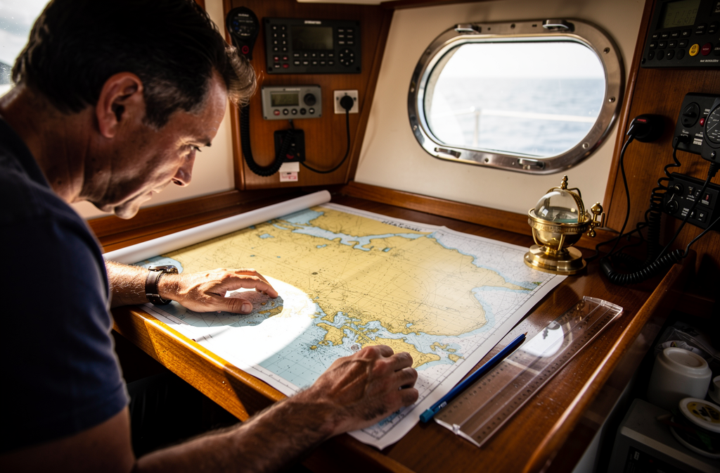 Skipper consultant une carte marine
