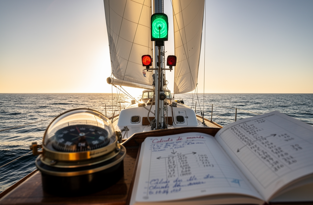 Bateau en navigation avec feux visibles et calculs de marée