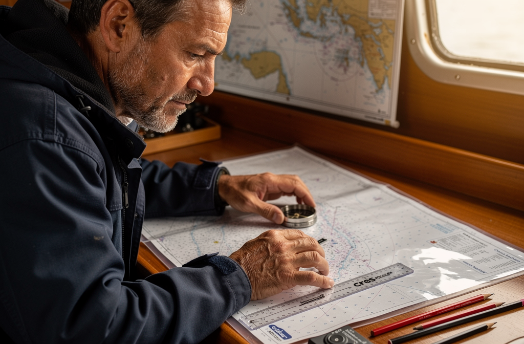 Marin consultant une carte marine avec compas