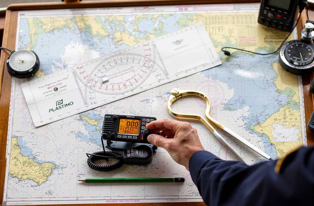 Radio VHF marine utilisée sur la table de navigation d'un bateau avec carte nautique